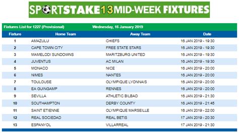 latest sportstake midweek fixture.